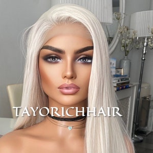 White Ice Blonde Lace Wig/Premium Heat Resistant Synthetic Wig/Middle Part Scandinavian Blonde Off White Natural Straight 24 Inches/Posh Wig