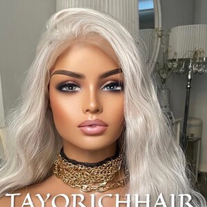 Ash White Loose Wavy Heat Friendly Synthetic Lace Front Wig/ 13x6 Wide Lace Wig With Free Part And Plucked Hairline/ Ready To Ship Wigs