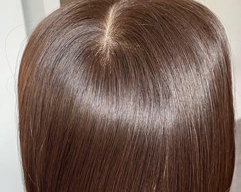 Dark Brown Natural Human Hair Topper: 14 Inch Crown Volume Clip-In Piece
