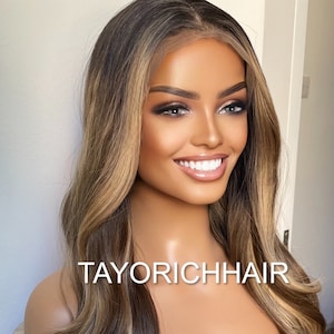 Dark Brown Wig With Blonde Highlights; Black Roots, Soft Waves, Heat Resistant Synthetic