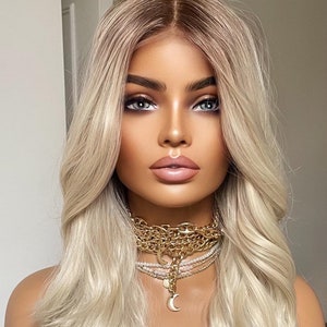 Sunkissed Platinum Blonde Lace Frontal Wig/ 13 By 6 Wide Lace Wig/Off White Hair Wig With Black Roots/16 Inches Loose Waves Women Hair Wig