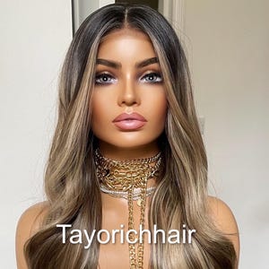 Dark Brown Hair Wig With Blonde Highlights And Dark Roots/Balayage Synthetic Wig For Women/Middle Part Realistic Wig For Women Alopecia