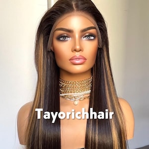 Low Density Dark Brown Wig with Blonde Highlights: 24 Inch Heat Resistant Synthetic Hair