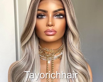 Platinum Blonde Wig with Dark Brown Lowlights | 26 Inch Wavy Heat Friendly Synthetic Wig | 13x6 Transparent Lace | Glueless | Tayorichhair