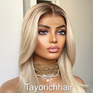 Sunkissed Light Blonde Wig: 18 Inch Straight Synthetic Hair, Dark Roots