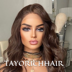 Bouncy Wavy Brunette Brown Lace Front Wigs For Women Natural Looking 13x3 Lace Front Wig With A Realistic Hair Line Heat Friendly Synthetic