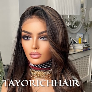 Darkest Brown Lace Wig With Mild Highlights And Black Roots/ Black Brown Wavy Heat Friendky Synthetic Wig For Women/ Brunette Cosplay Wigs