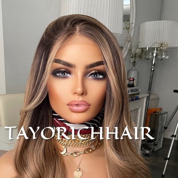 Balayage Mixed Bronzy Blonde Heat Safe Lace Front Synthetic Wig/ Dark Roots/ Long Bouncy Wavy Hair/ Average Cap Size/ Wigs For Women Hair