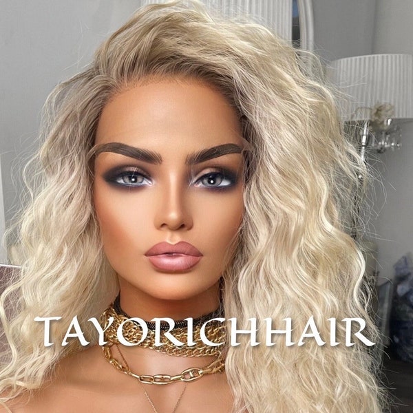 Blonde Wig With Dark Ash Roots/ Exotic Curls Lace Wig/Small Cap Size/Golden Platinum Blonde Curly Wig With Roots/ Light Weight 20 Inches Wig