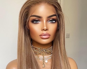Medium Blonde Human Hair Wig; HD Lace Frontal, 18 inches Straight Hair