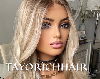 Mixed Ash And Platinum Blonde Synthetic Lace Front Wig/ Dark Roots With Preplucked Realistic Hairline Wig/ Natural Looking Wig For Women