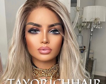 Mixed Ash And Platinum Blonde Synthetic Lace Front Wig/ Dark Roots/ Beach Waves Realistic Hairline Wig/ Natural Looking Wig For Women