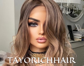 Ash Brown Lace Front Wig With Highlights/ Bouncy Wavy Heat Friendly Synthetic Wig/Average Cap Size/Layered Wavy Realistic Wig For Women