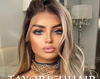 Mixed Blonde Synthetic Wig With Dark Root•Wavy Hair Lace Front Wig With 13x4 Lace•24 Inches Rooted Blonde Wig For Women•Middle Part Lace Wig