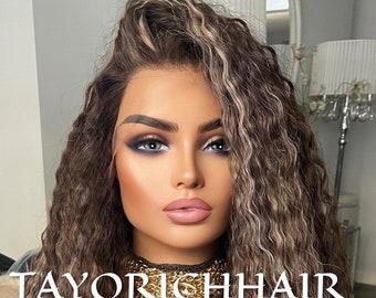 Dark Brunette Blonde Mix Highlights Synthetic Lace Front Wig Ready To Ship Wigs /Loose Curly Hair Wig Celebrity Fashion Wigs/ Big Hair Wigs