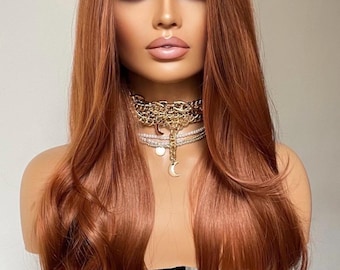 Auburn Ginger Red Wavy Wig: 26 Inch Synthetic Lace Frontal
