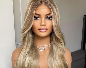 Mixed Ash And Platinum Blonde Synthetic Lace Front Wig/ Dark Roots With Preplucked Realistic Hairline Wig/ Natural Looking Wig For Women