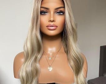 Ash Blonde Lace Front Wig: Platinum Highlights, Dark Roots, Beach Waves