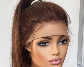 Brown Human Hair Wig: 360 Lace, Straight Ponytail Updo
