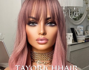 Ombré Pink Wavy Wig With Bangs Fringe Dark Roots/ Glueless Wig/ Beginner Friendly Wig/ Pink Cosplay Wig /TAYORICHHAIR/ Pink Women Wigs