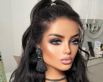 Black Wavy Human Hair Wig: 24 Inch 13x4 HD Lace, 180 Density