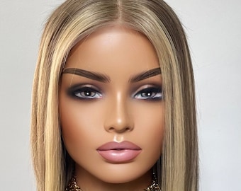 Balayage Bob Wig: Dark Ash Blonde Highlights, Lace Front Human Hair