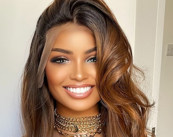 Honey Caramel Brown Synthetic Lace Frontal Wig: Bouncy Waves, Black Roots