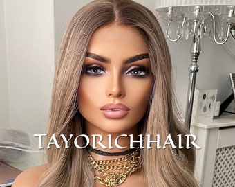 Rooted Dark Ash Blonde Lace Front Synthetic Wig/ Dark Roots / Long Wavy Hair/ Heat Safe Synthetic Wig/ Daily Wear Wig