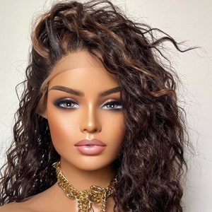 Curly Dark Brown Lace Front Wig With Light Brown Streaks/ Brunette Curly Wigs For Daily Wear /Heat Resistant Lightweight Synthetic Wig