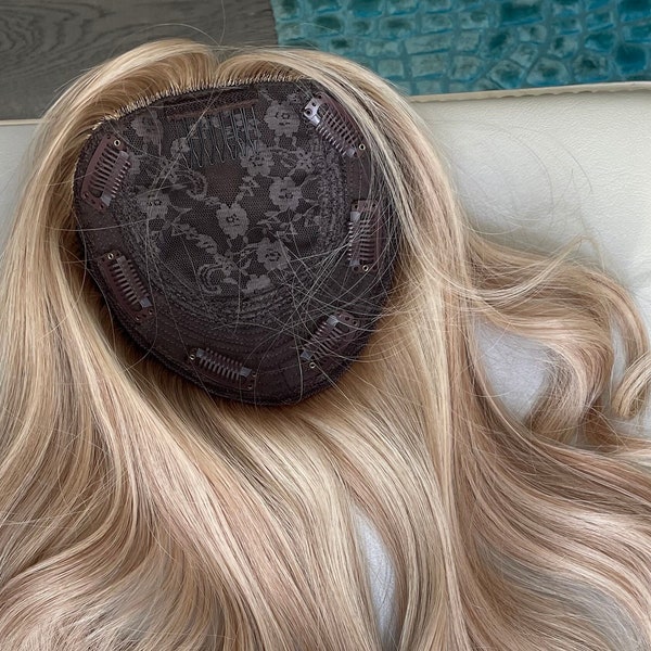 Mixed Blonde Silk Base With Weft Topper Sizes 5x6 14 Inches / Slightly Dark Roots Mixed Light Blonde And Ash Blonde Topper With Weft