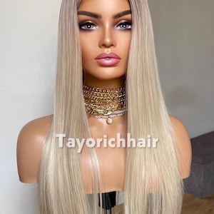 Ombre Glueless Blonde Wig; Heat Resistant Synthetic, Long Blonde Straight Hair, Dark Roots, Middle Part, Alopecia Hairloss Wigs By Tayorich
