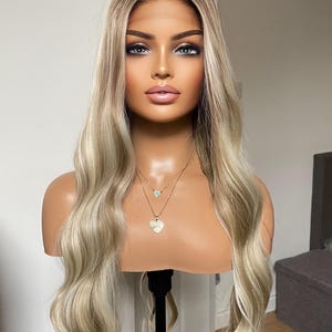 Mixed Ash And Platinum Blonde Synthetic Lace Front Wig/ Dark Roots With Preplucked Realistic Hairline Wig/ Natural Looking Wig For Women