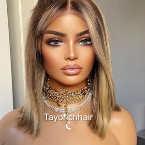 Dark Ash Blonde Human Hair Lace Wig Front With Blonde Highlights/ 13 By 6 Lace Frontal Wig 100% Real Hair Wig By Tayorichhair