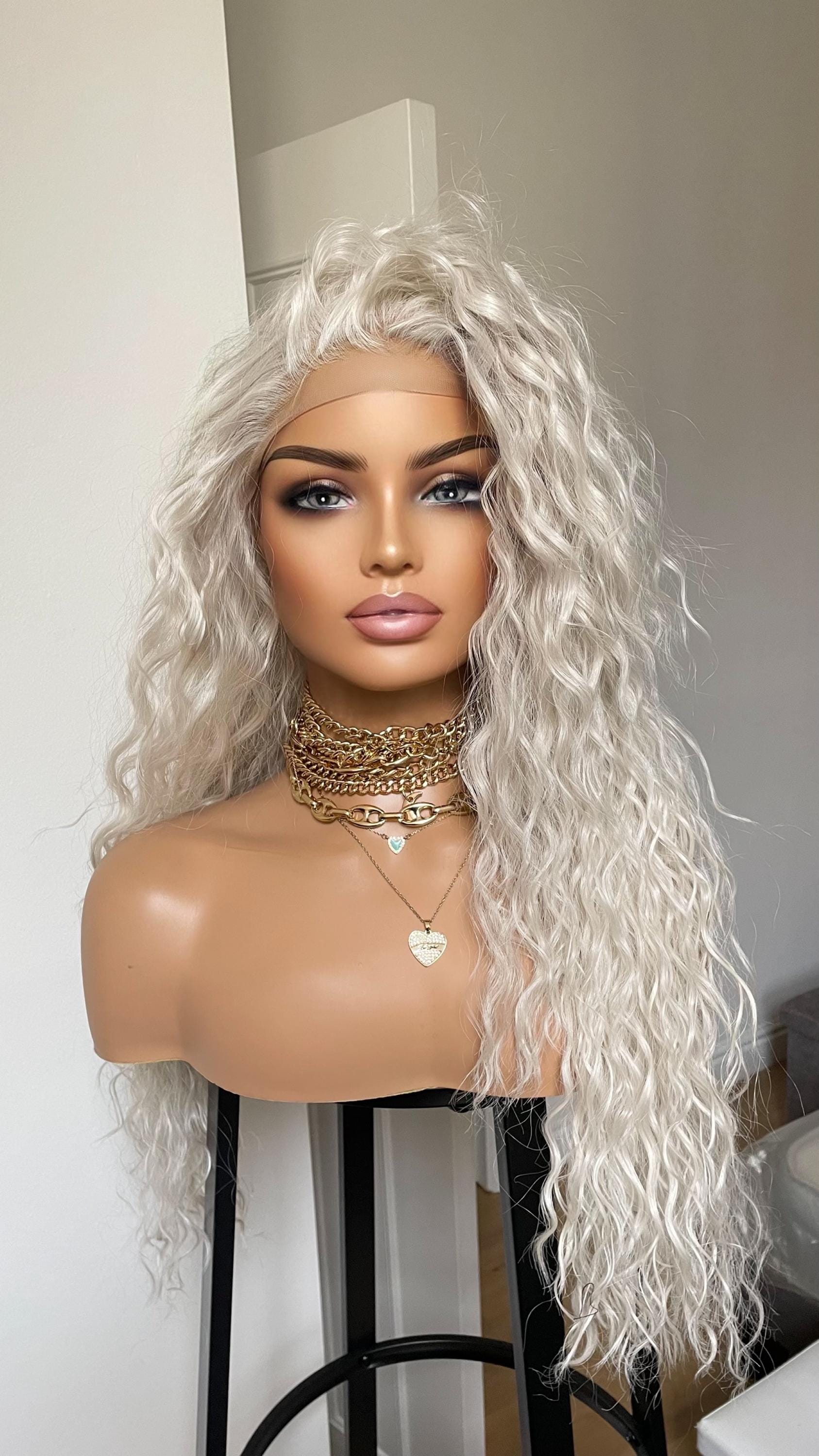 Curly Platinum Blonde Lace Wig: Heat-Friendly Synthetic, Free Part Curly Platinum Blonde Lace Wig: Heat-Friendly Synthetic, Free Part