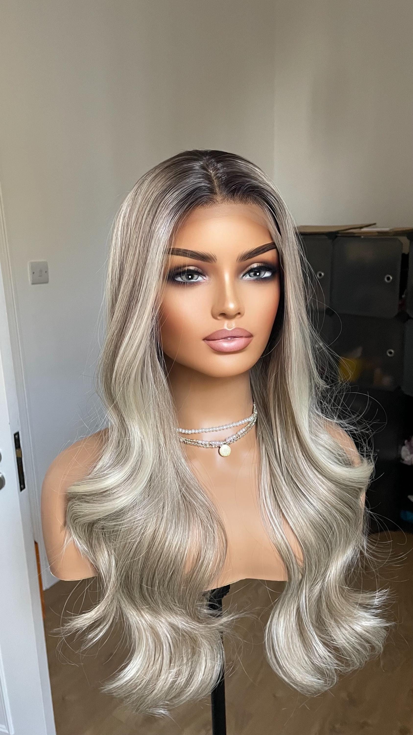 Human hair blend blonde/ash gray wig Human hair blend gray/ ash blonde lace front wig main image 2
