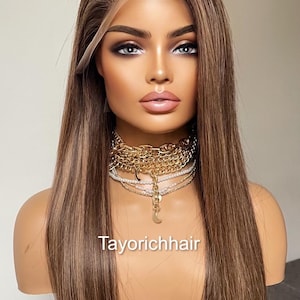 18 inch donkerbruine pruik van echt haar: blonde highlights, 13 x 4 HD-kanten aan de voorkant