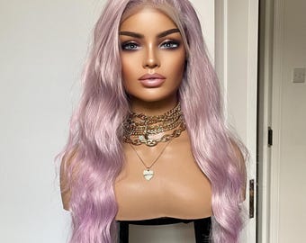 Pastel Ash Pink Wig: 24" Wavy Synthetic Lace Front Wig