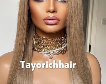 Dark Ash Blonde Human Hair Wig: 18 Inch Straight Hair