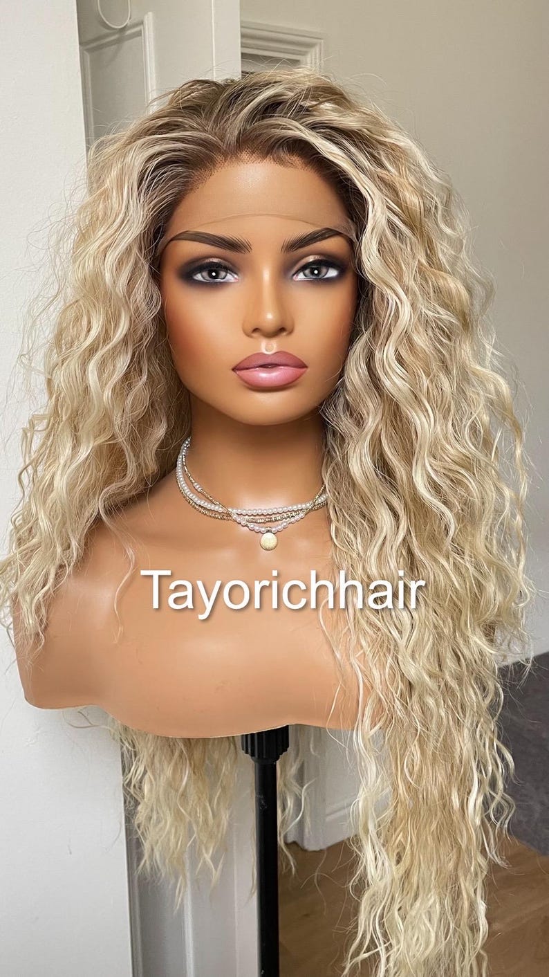 Mixed Blonde Exotic Curly Wig Dark Roots Small XS Cap, 13x3 Transparent Lace Front Wig, 22 Inch Heat Friendly Wig Hair Loss Tayorichhair 画像 2