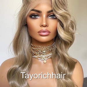 Ash Blonde Lace Front Wig: Wavy Synthetic Hair, Money Piece Highlights, 24 Inches