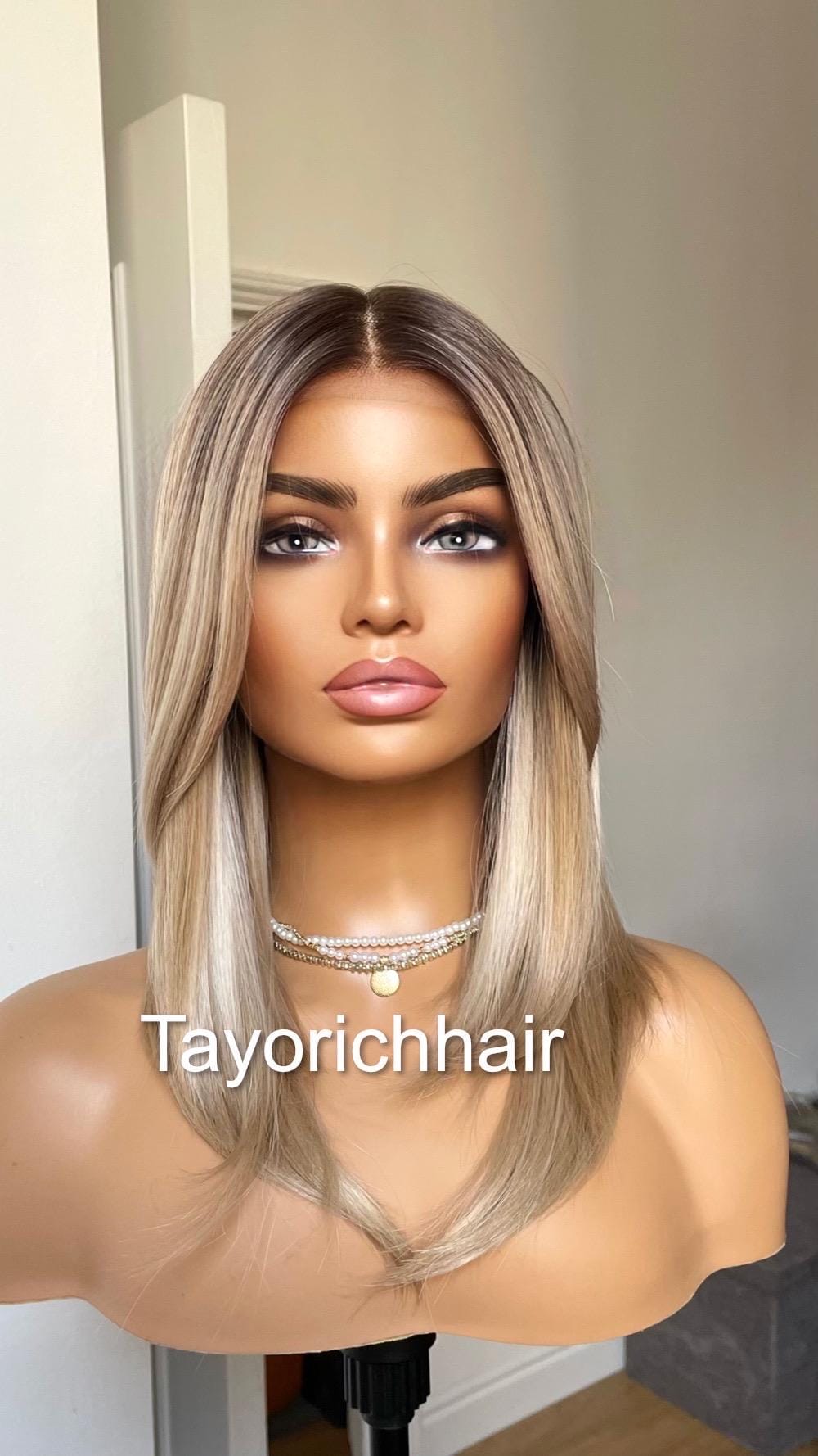 Mixed Blonde Short Hair Wig With Dark Roots/ 12 Inches Mixed Blonde Lace Frontal Wig With Middle Part/ 13 By 6 Wide Lace wig By Tayorichhair
