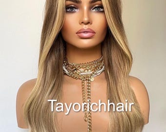 Dark Ash Blonde Human Hair Wig: Light Blonde Highlights, Low Density