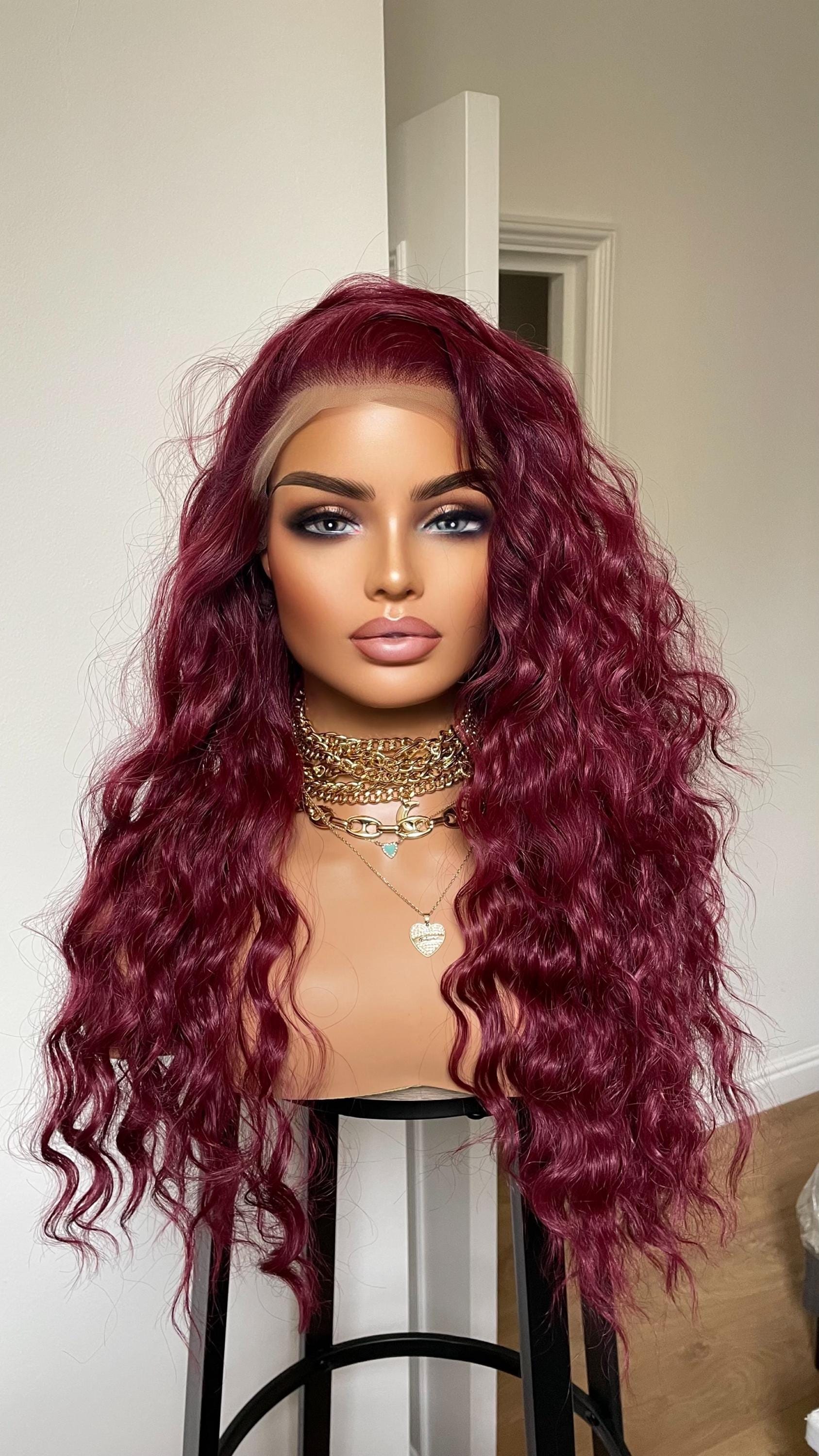 Burgundy Curly Synthetic Lace Front Wig: Exotic Ruby Red, 20 