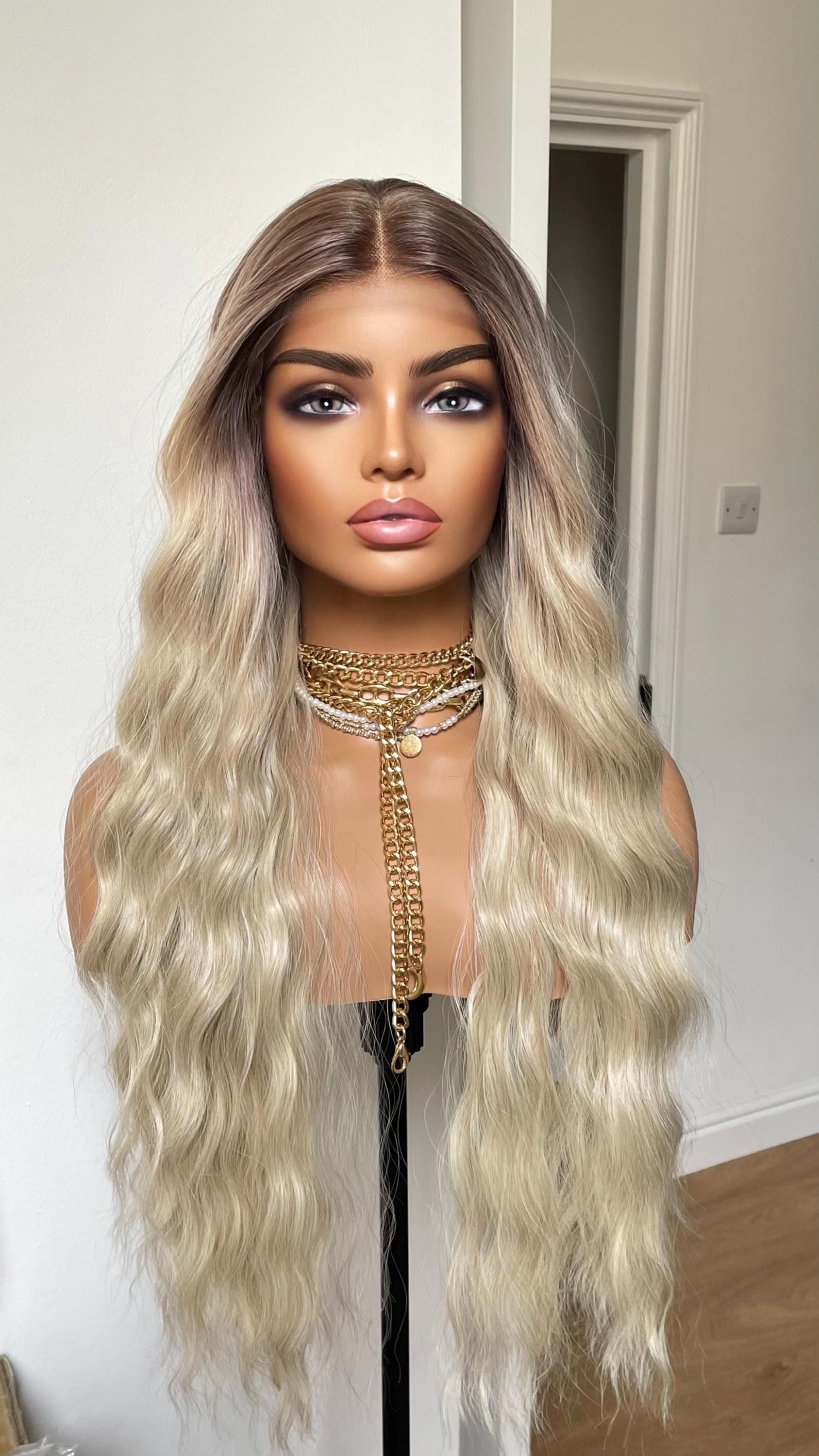 Long Platinum Blonde Lacefront Wig 2020 Waves Platinum Blonde Wig Wavy White Blonde Lace Front Wig Costume  main image 2