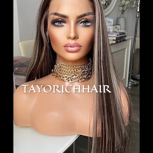 ダークブラウンのレースフロントウィッグ、ブロンドのハイライト付き/ブルネット向けウィッグ/Tayorichhair のロングストレートヘアウィッグ/すぐに発送可能な女性用ウィッグ