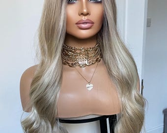 Rooted Ash Blonde Wavy Wig: 24&quot; Synthetic Hair, Money Piece