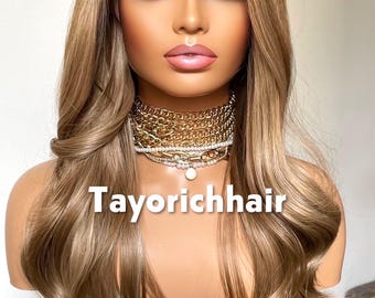 Caramel Honey Blonde Lace Wig: Black Roots, Heat Resistant Synthetic