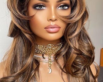 Brown Blonde Layered Wig: Long Wavy Synthetic Hair, 13x6 Lace Frontal, Tayorichhair Wigs.