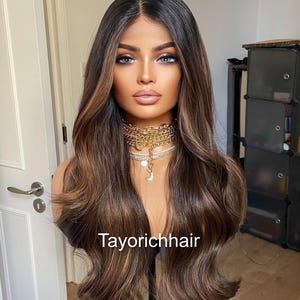 Dark Brown Wavy Lace Front Wig: Black Roots & Highlights, 24 Inch