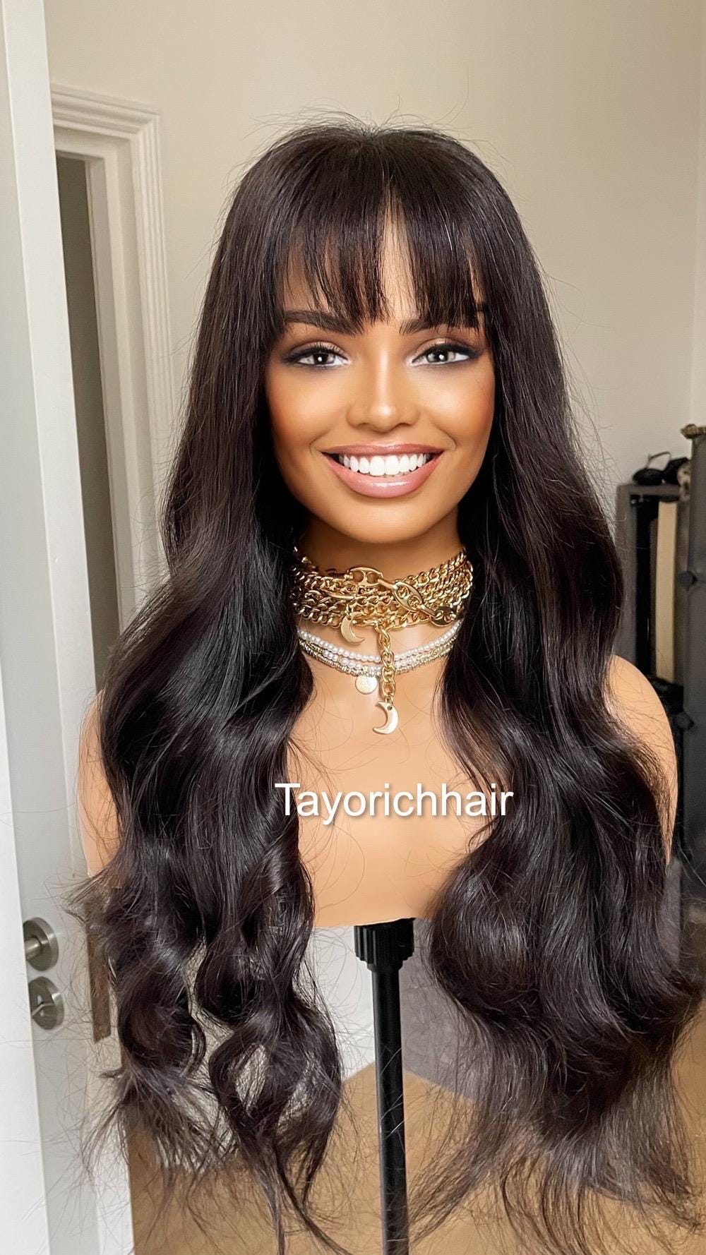 26 Inch Wavy Human Hair Wig With Bangs, Glueless, Small Cap  display picture 3